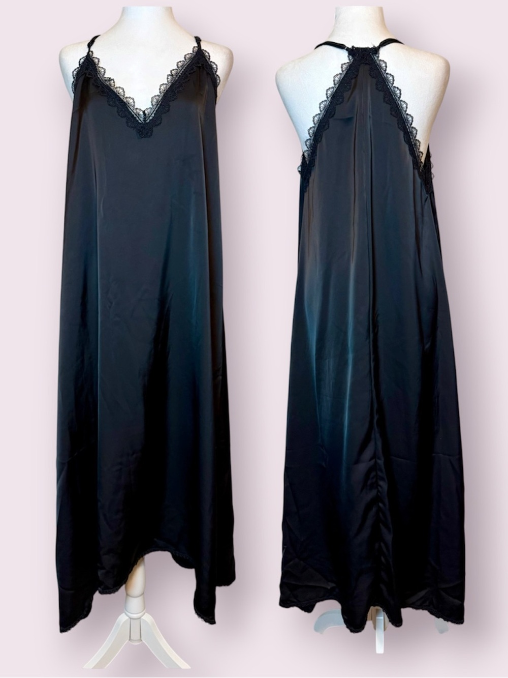 Aralina Black Satin Maxi Slip Dress Racer Back Size Large